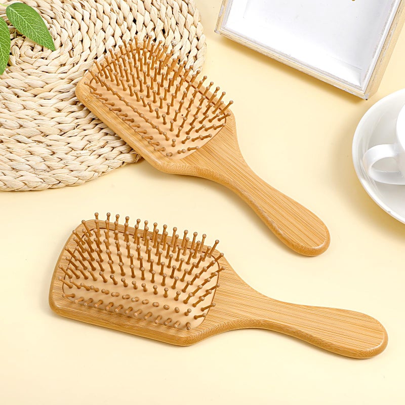 KFHENSOMR 2 Pcs Bamboo Hair Brush with Natural Bamboo Bristles Detangling Paddle Hairbrush Wooden Brush for All Hair Types & Hairs Growth for Women Men - Image 3